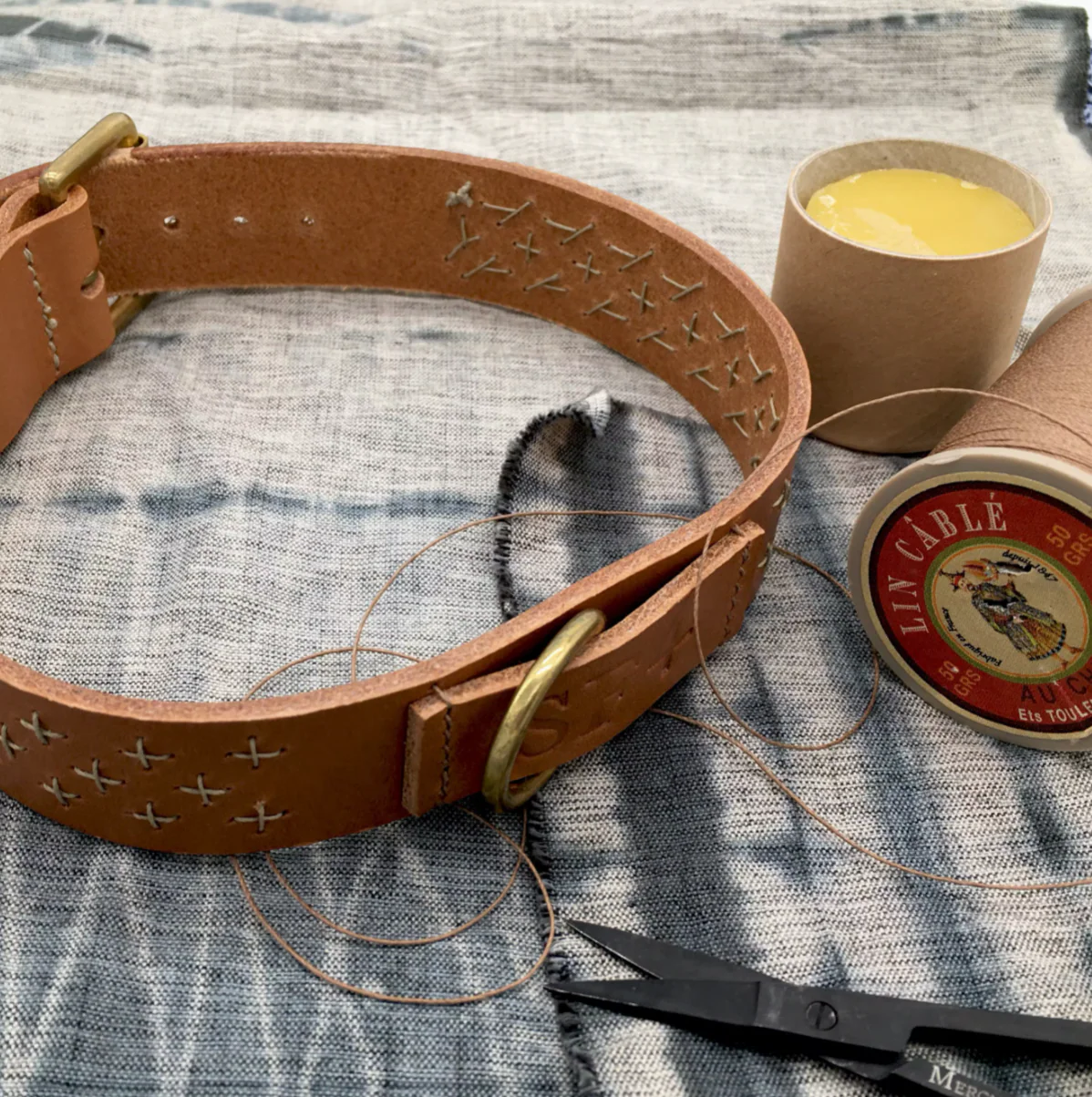 Sashiko Dog Collar: Biscuit Italian Leather - Image 7